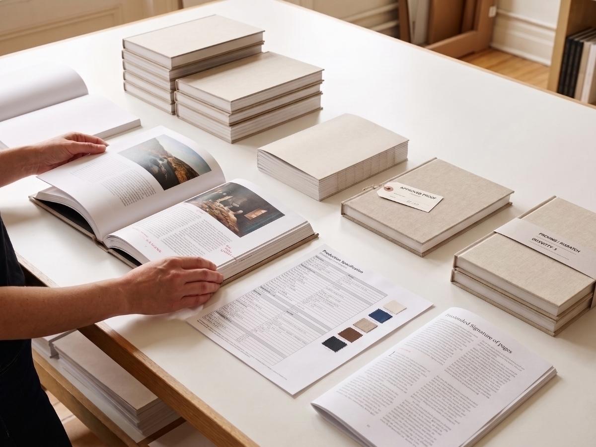 Carefully printed and bound book proofs displayed in a publishing workspace